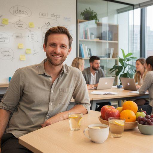 Sveiko gyvenimo būdo simboliai, įskaitant citrinas ir arbatos puodelį, ant stalo.